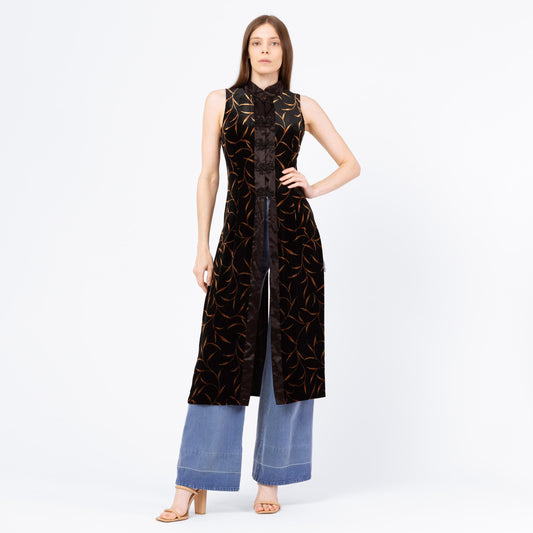 Vintage 90s Black & Gold Velvet Gothic Duster Top - Small | Cache Leaf Print Mandarin Collar Tailcoat, Witchy Long Tunic Vest