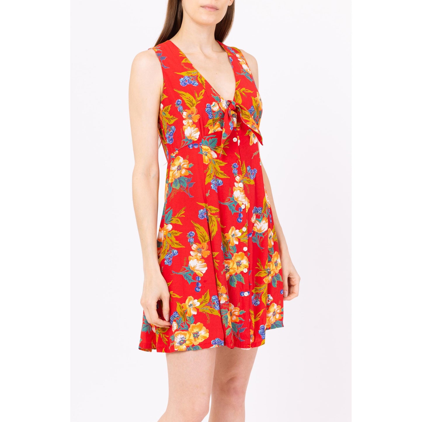 Vintage 90s Red Tropical Floral Tie Front Mini Sundress - Small | Boho Flower Print Sleeveless Button Up Summer Dress