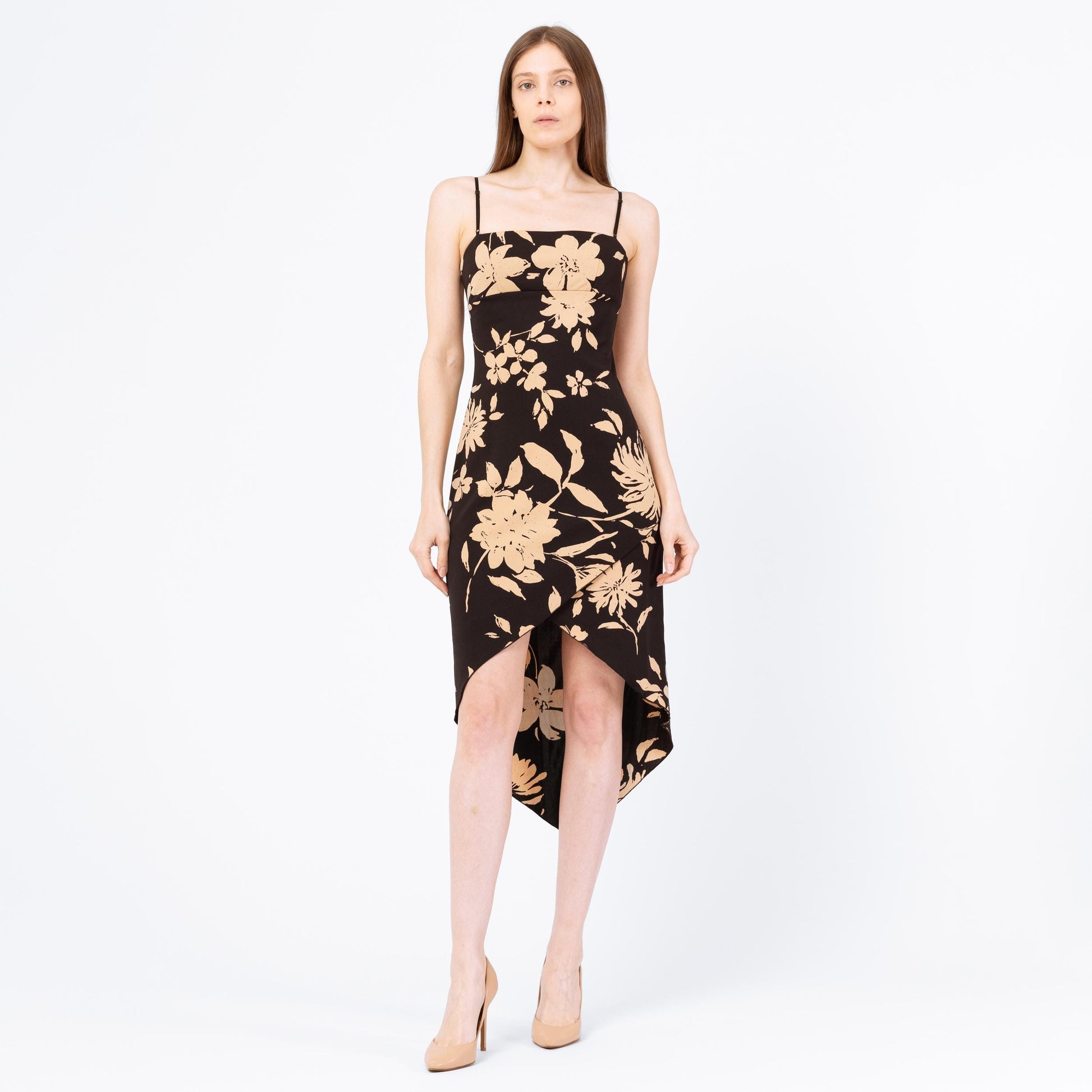 Vintage Y2K Tropical Floral High-Low Party Dress - Extra Small | Boho Spaghetti Strap Asymmetrical Hem Formal Midi Summer Sundress