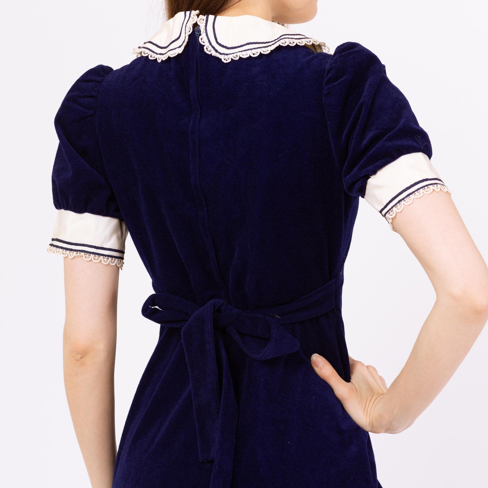 Vintage 70s Navy Blue Velour Sailor Collar Maxi Dress - Extra Small Vintage 70s Navy Blue Velour Sailor Collar Maxi Dress - Extra Small