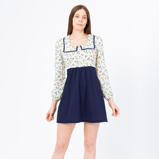 Vintage 70s Floral Sailor Collar Babydoll Mini Dress - Small | White & Blue Retro A Line Long Sleeve Cottagecore Dress
