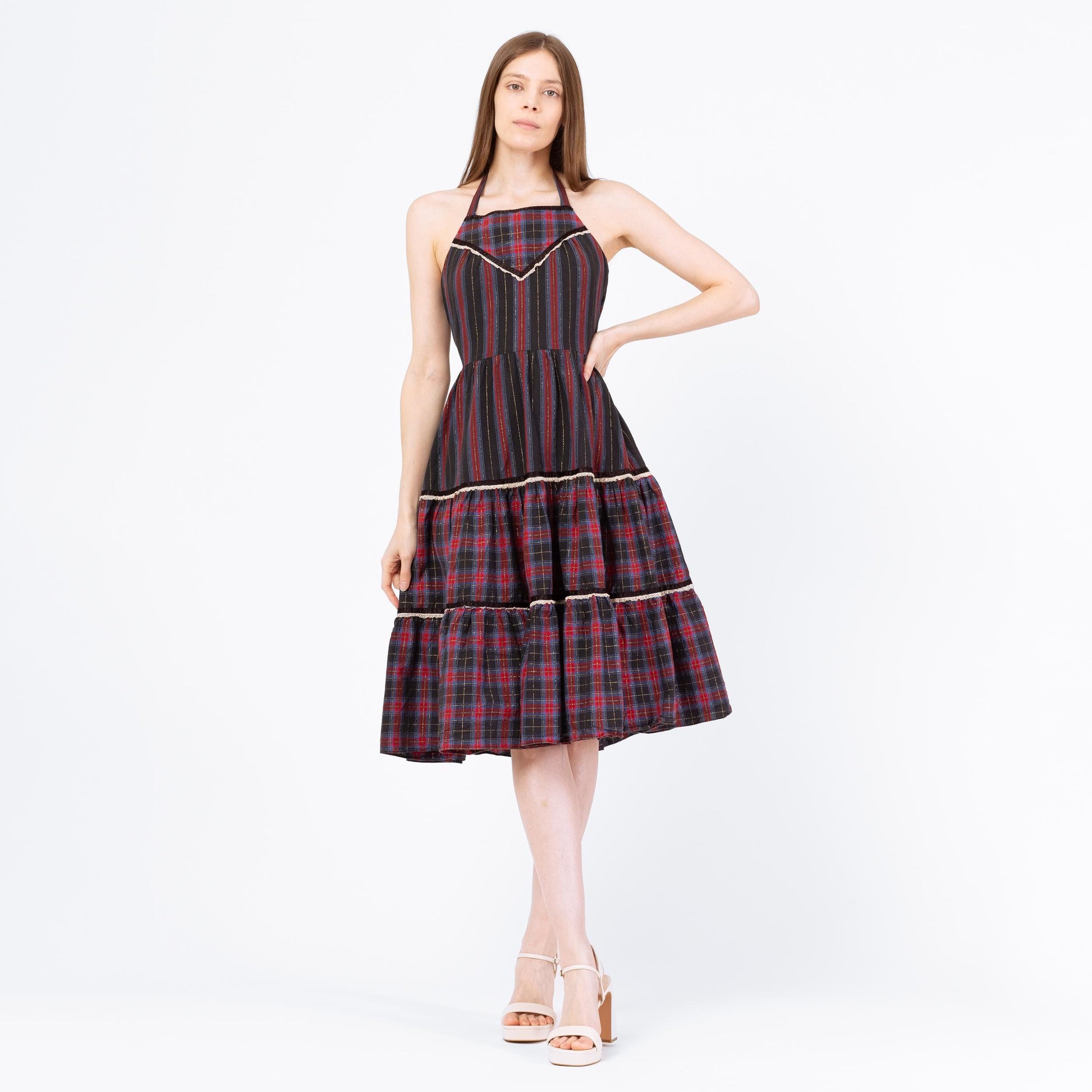 Vintage 70s Red & Black Plaid Fit Flare Halter Midi Dress - Small Vintage 70s Red & Black Plaid Fit Flare Halter Midi Dress - Small