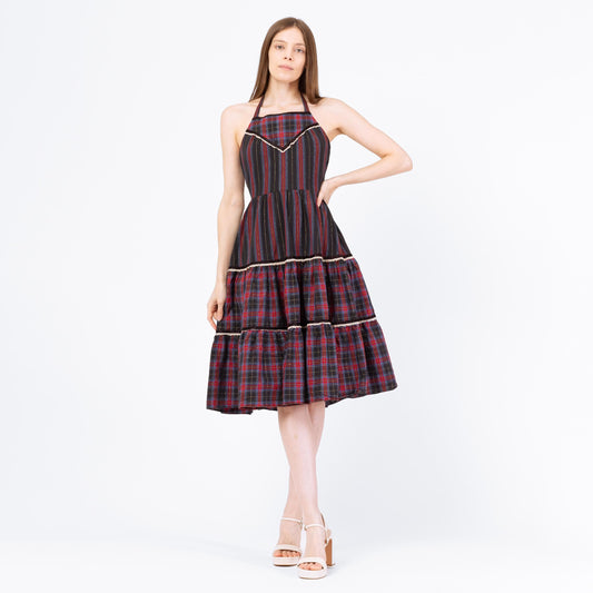 Vintage 70s Red & Black Plaid Fit Flare Halter Midi Dress - Small | Rockabilly Square Dance Dress, Retro Cottagecore Tiered Sundress