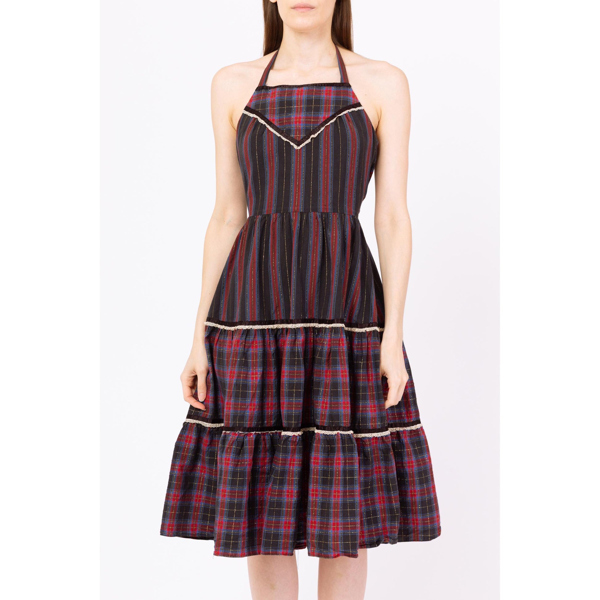 Vintage 70s Red & Black Plaid Fit Flare Halter Midi Dress - Small Flying Apple Vintage Vintage 70s Red & Black Plaid Fit Flare Halter Midi Dress - Small Flying Apple Vintage