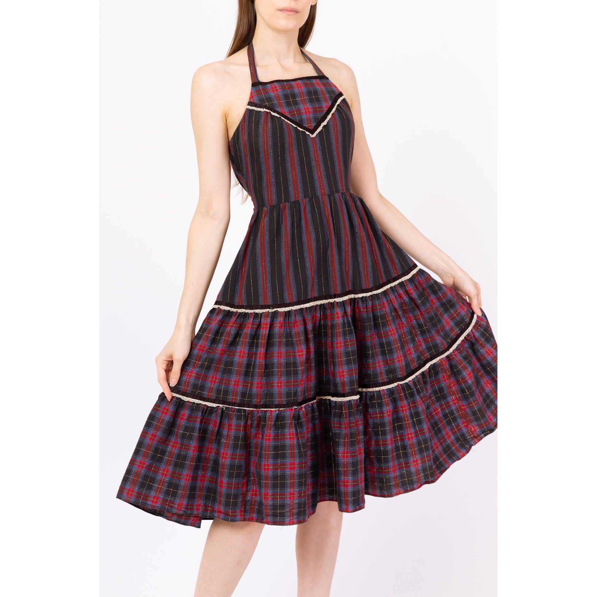 Vintage 70s Red & Black Plaid Fit Flare Halter Midi Dress - Small Vintage 70s Red & Black Plaid Fit Flare Halter Midi Dress - Small