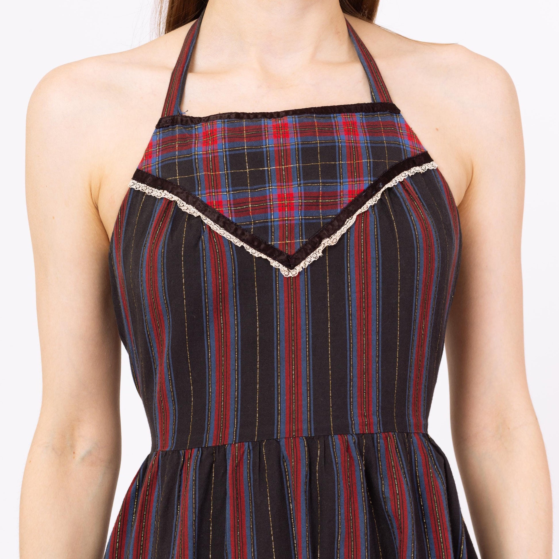 Vintage 70s Red & Black Plaid Fit Flare Halter Midi Dress - Small Vintage 70s Red & Black Plaid Fit Flare Halter Midi Dress - Small