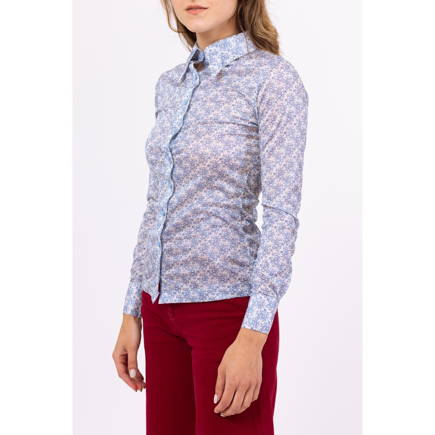Vintage 70s Blue Floral Disco Shirt - XXS to XS | Long Sleeve Semi Sheer Collared Top, Retro Mod Boho Button Up Blouse