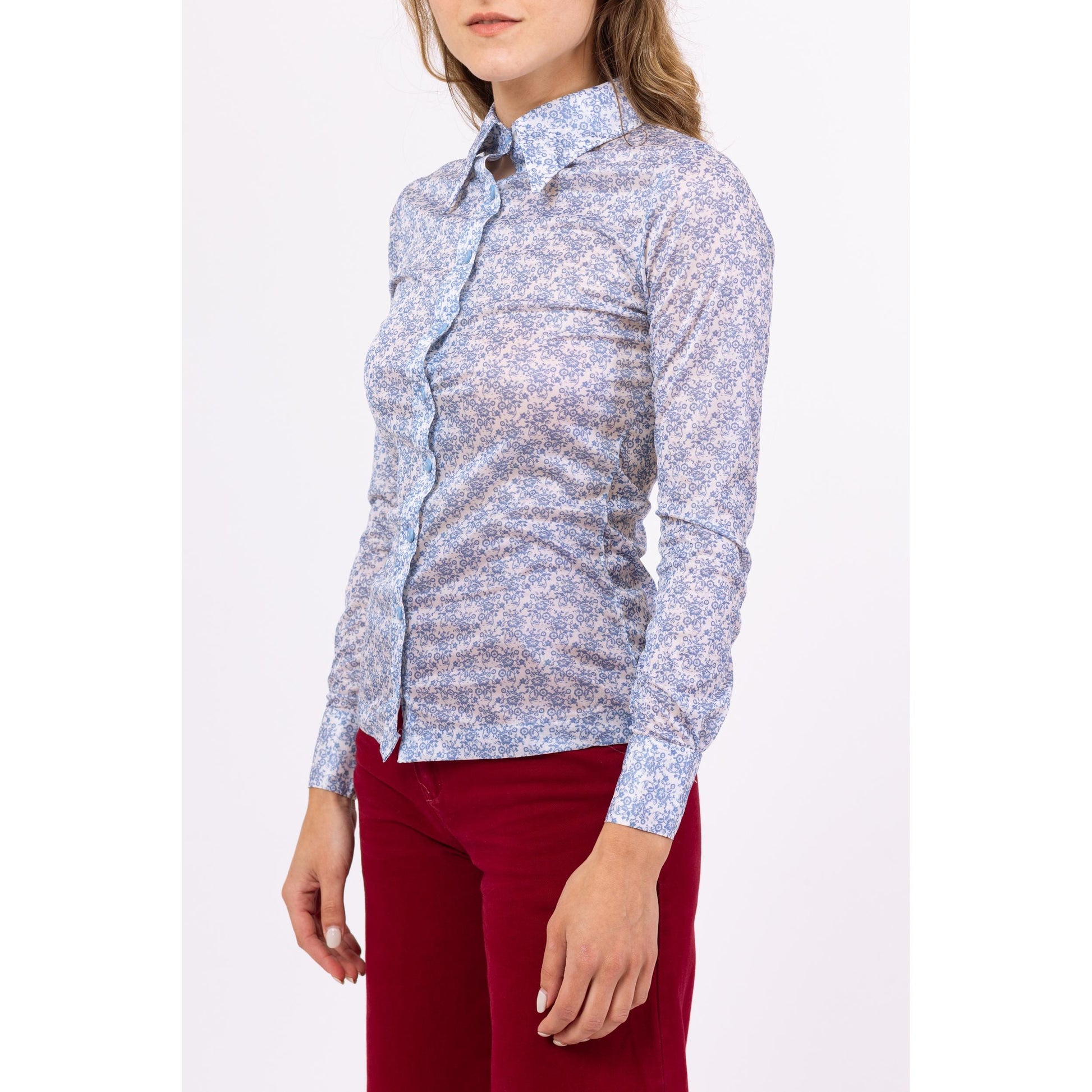 Vintage 70s Blue Floral Disco Shirt - XXS to XS | Long Sleeve Semi Sheer Collared Top, Retro Mod Boho Button Up Blouse