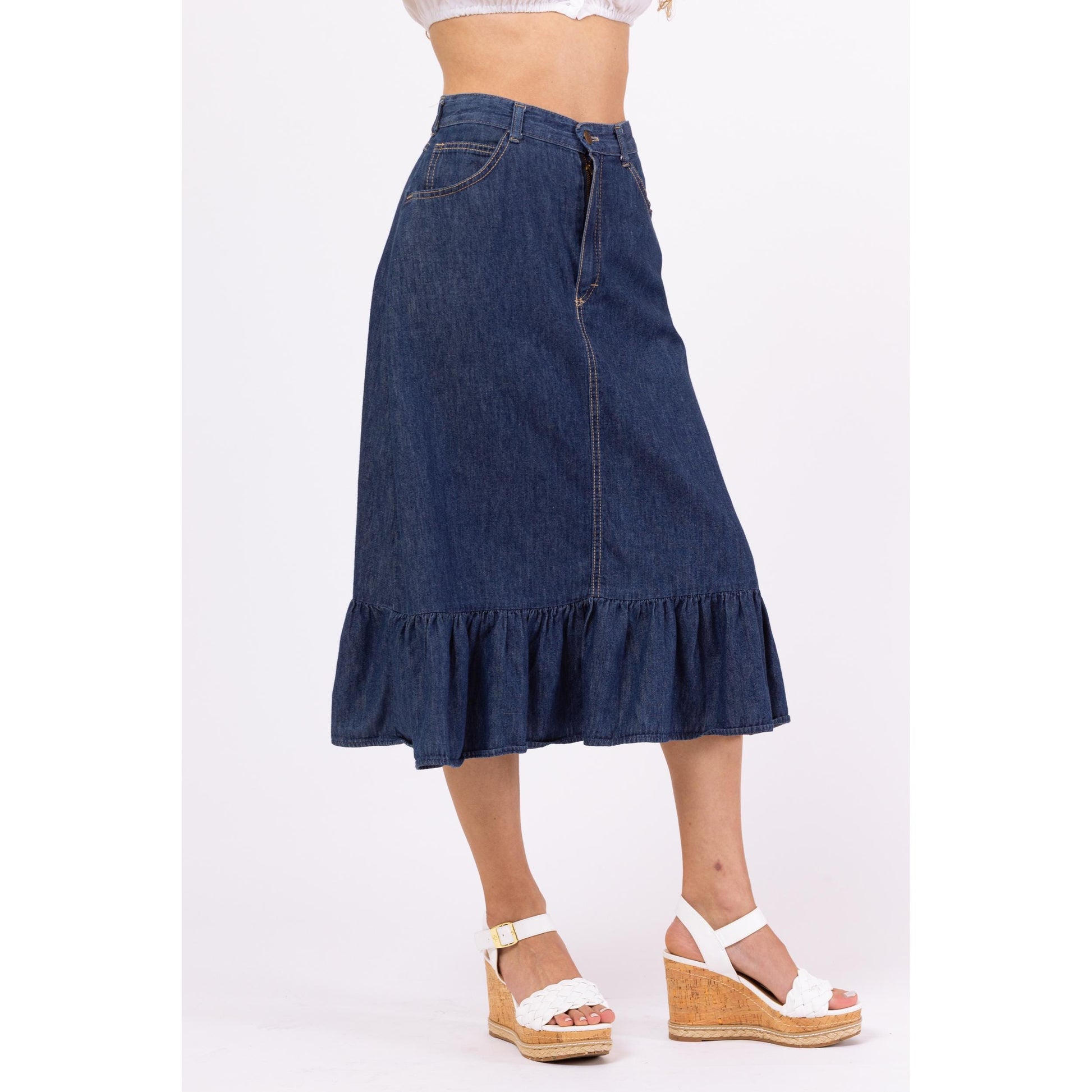 Vintage 70s Chambray Denim A-Line Ruffle Midi Skirt - Extra Small, 25" Waist | High Waist Cotton Cottagecore Skirt, Western Jean Skirt