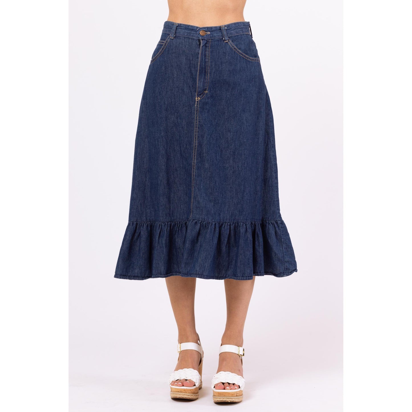 Vintage 70s Chambray Denim A-Line Ruffle Midi Skirt - Extra Small, 25" Waist | High Waist Cotton Cottagecore Skirt, Western Jean Skirt