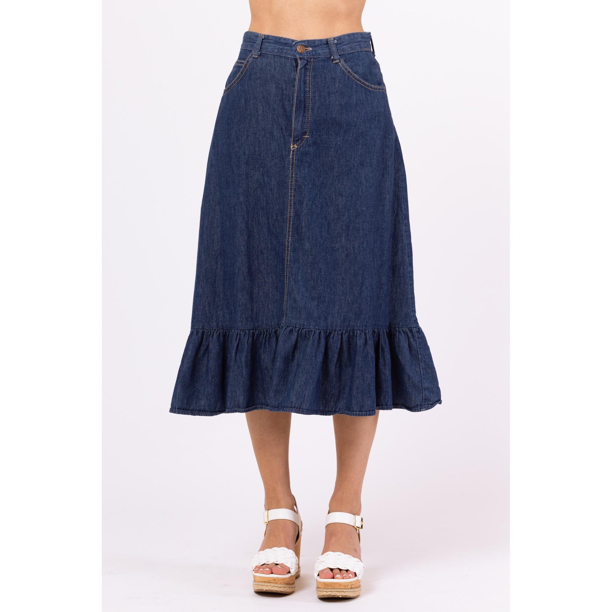 Vintage 70s Chambray Denim A-Line Ruffle Midi Skirt - Extra Small, 25" Waist | High Waist Cotton Cottagecore Skirt, Western Jean Skirt