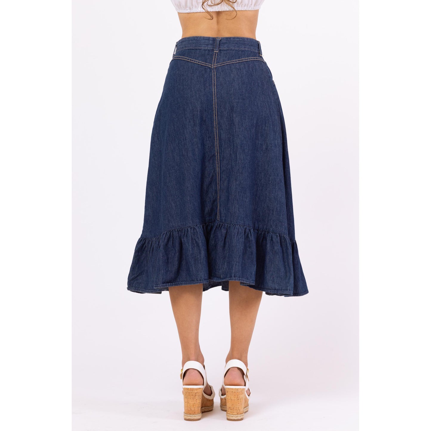 Vintage 70s Chambray Denim A-Line Ruffle Midi Skirt - Extra Small, 25" Waist | High Waist Cotton Cottagecore Skirt, Western Jean Skirt