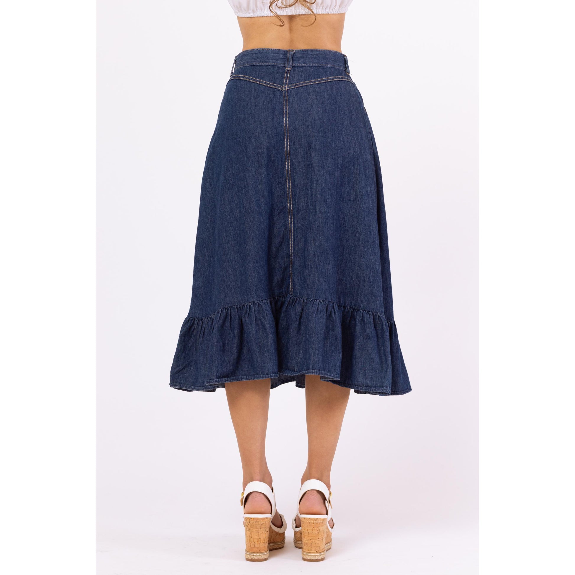 Vintage 70s Chambray Denim A-Line Ruffle Midi Skirt - Extra Small, 25" Waist | High Waist Cotton Cottagecore Skirt, Western Jean Skirt
