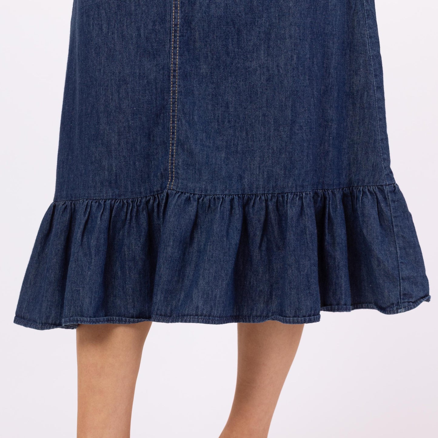 Vintage 70s Chambray Denim A-Line Ruffle Midi Skirt - Extra Small, 25" Waist | High Waist Cotton Cottagecore Skirt, Western Jean Skirt