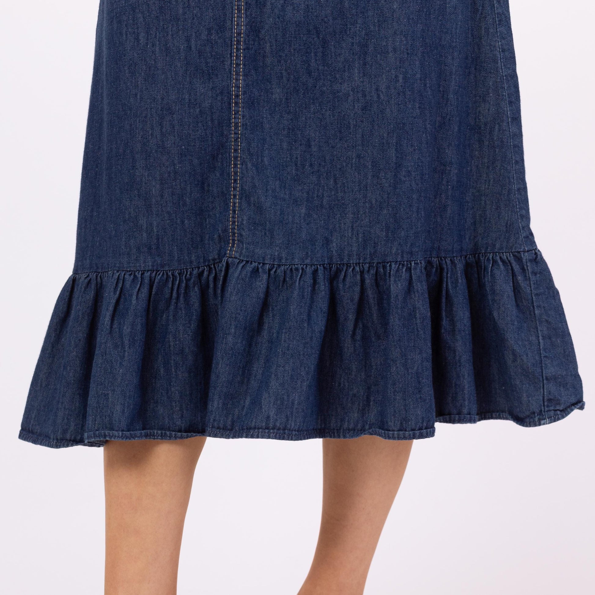 Vintage 70s Chambray Denim A-Line Ruffle Midi Skirt - Extra Small, 25" Waist | High Waist Cotton Cottagecore Skirt, Western Jean Skirt