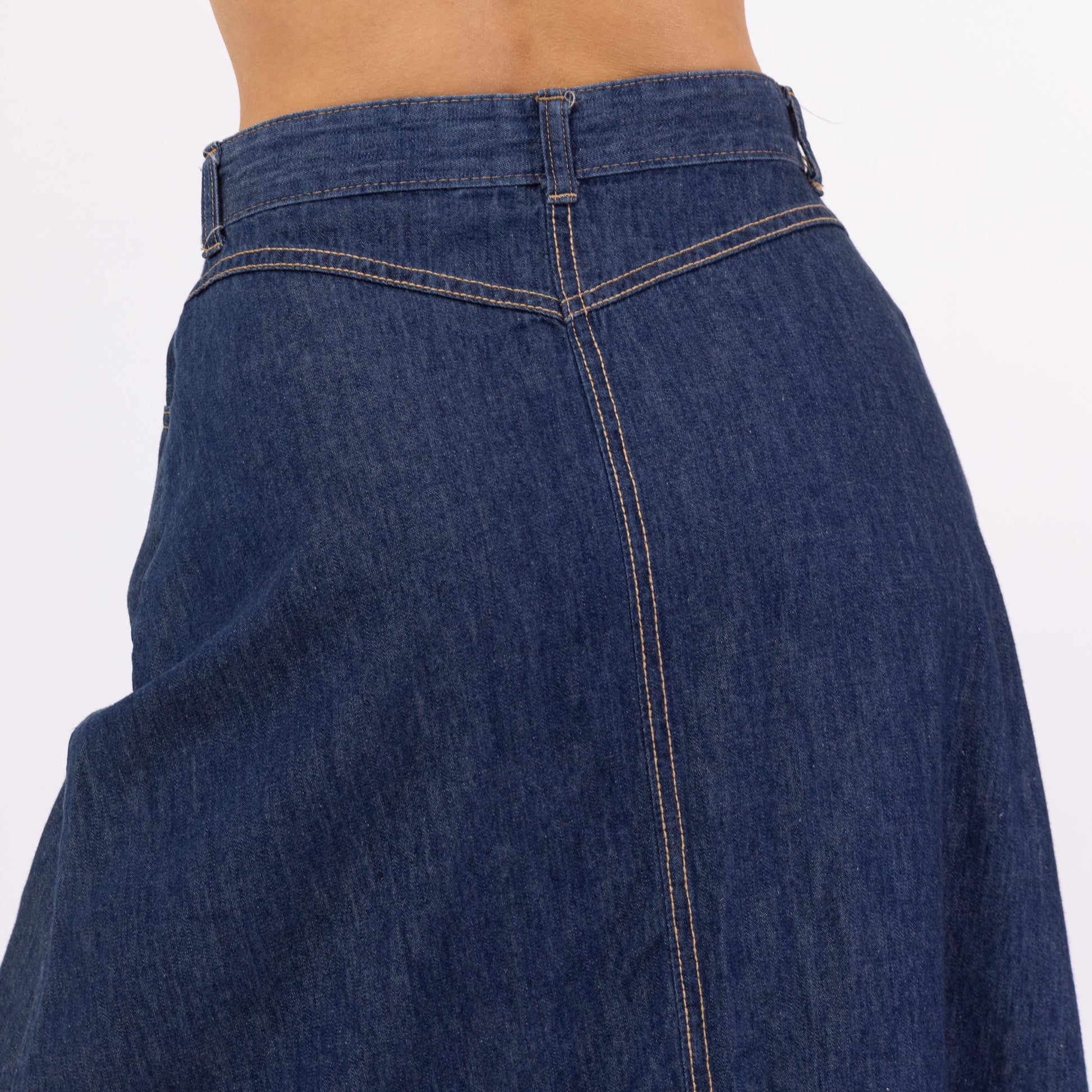 Vintage 70s Chambray Denim A-Line Ruffle Midi Skirt - Extra Small, 25" Waist | High Waist Cotton Cottagecore Skirt, Western Jean Skirt