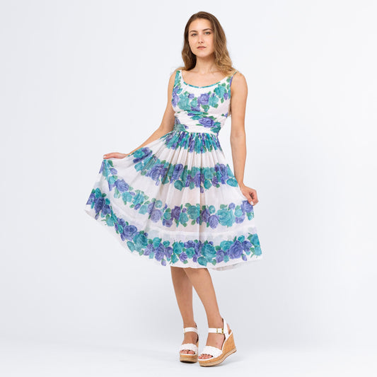 Vintage 50s 60s Blue Floral Fit & Flare Midi Dress - XXS | 1950s Summer Wedding Guest Outfit, Sleeveless Sundress, Garden Party Dress