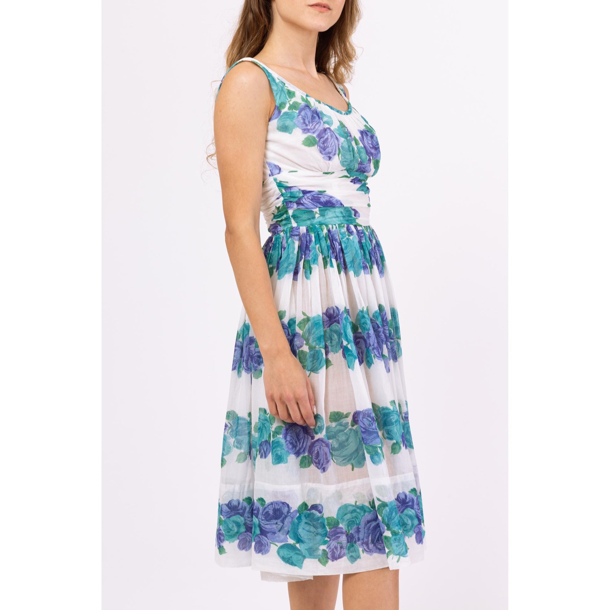 Vintage 50s 60s Blue Floral Fit & Flare Midi Dress - XXS | 1950s Summer Wedding Guest Outfit, Sleeveless Sundress, Garden Party Dress