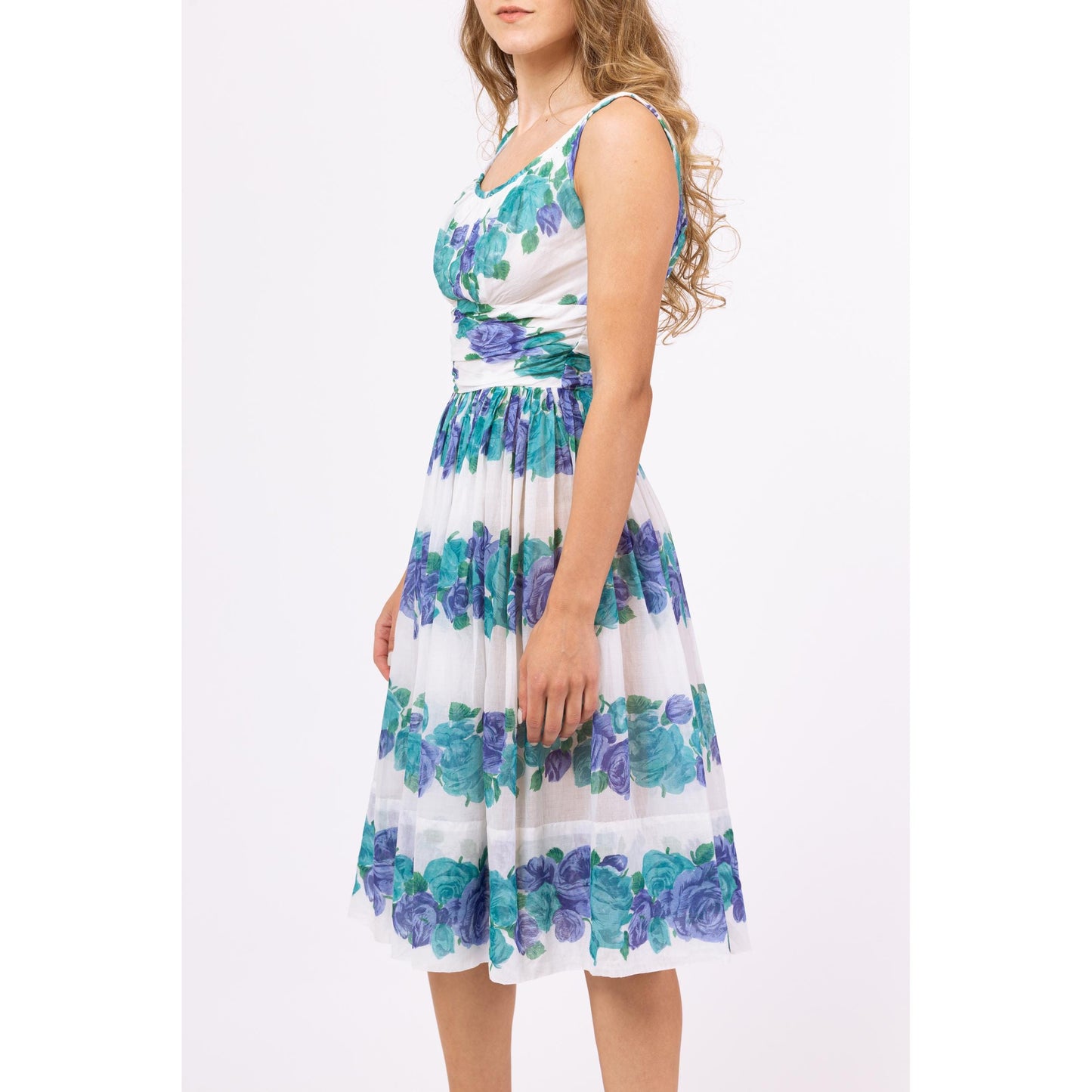 Vintage 50s 60s Blue Floral Fit & Flare Midi Dress - XXS | 1950s Summer Wedding Guest Outfit, Sleeveless Sundress, Garden Party Dress