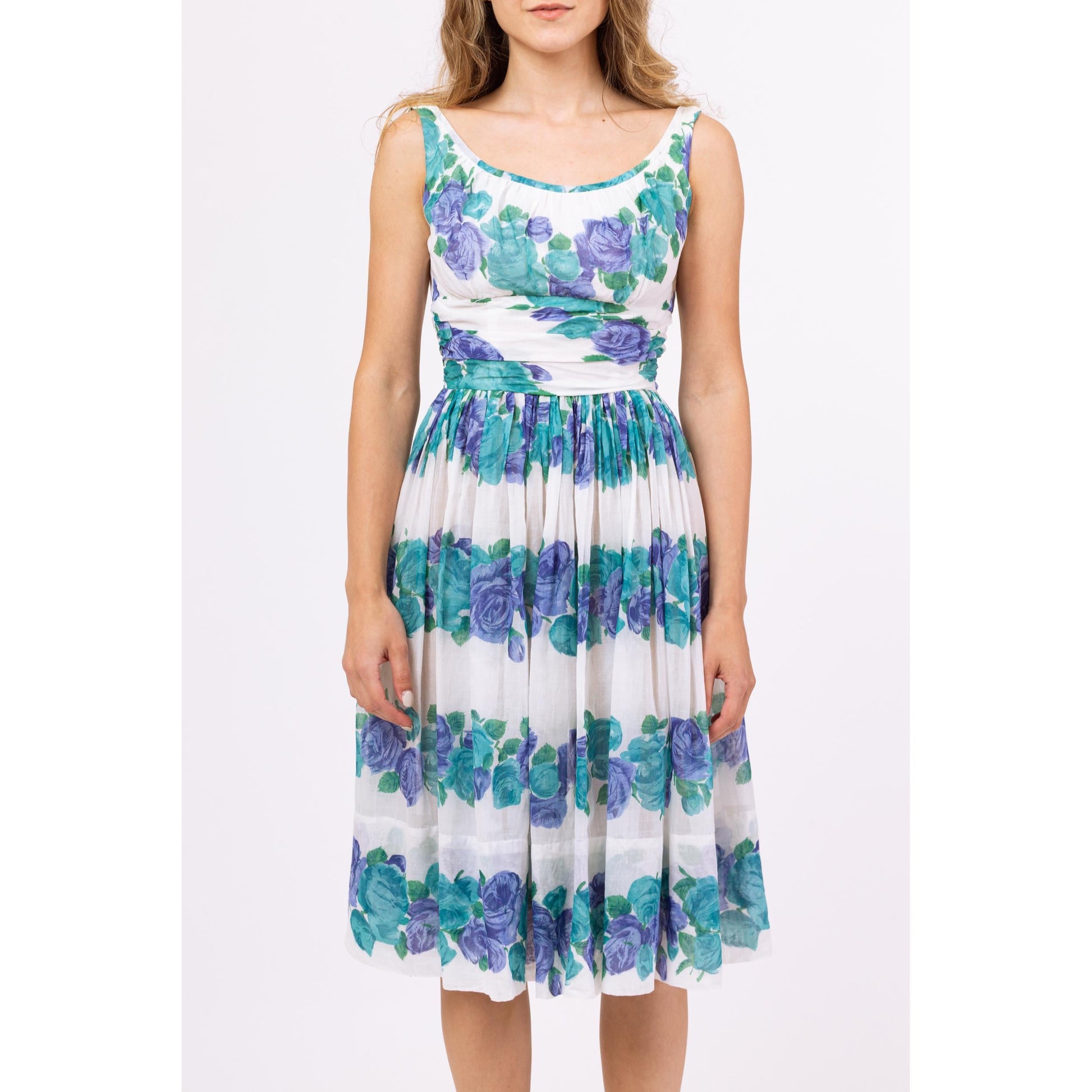 Vintage 50s 60s Blue Floral Fit & Flare Midi Dress - XXS | 1950s Summer Wedding Guest Outfit, Sleeveless Sundress, Garden Party Dress