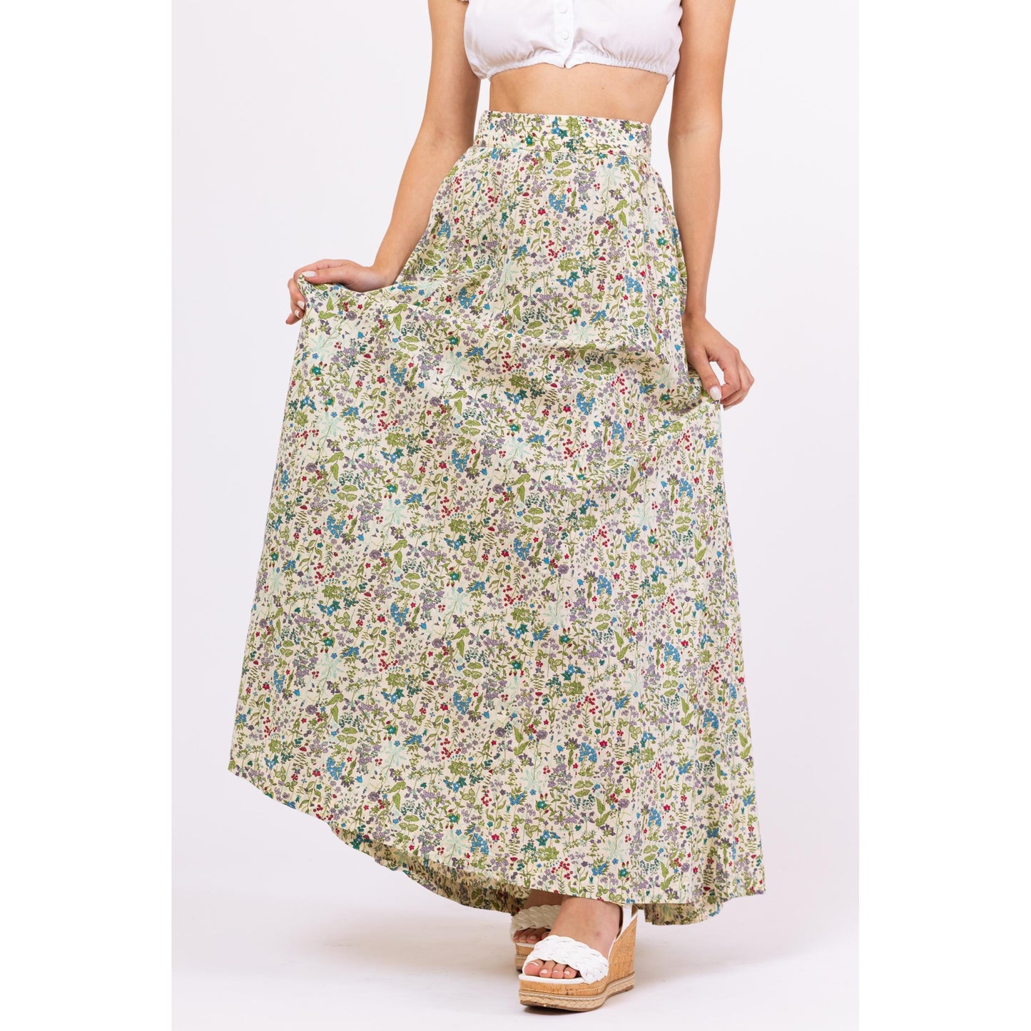 Vintage 70s Boho Wildflower Print Prairie Maxi Skirt - Extra Small, 24" Waist | A-Line Floral Cottagecore Long Summer Skirt