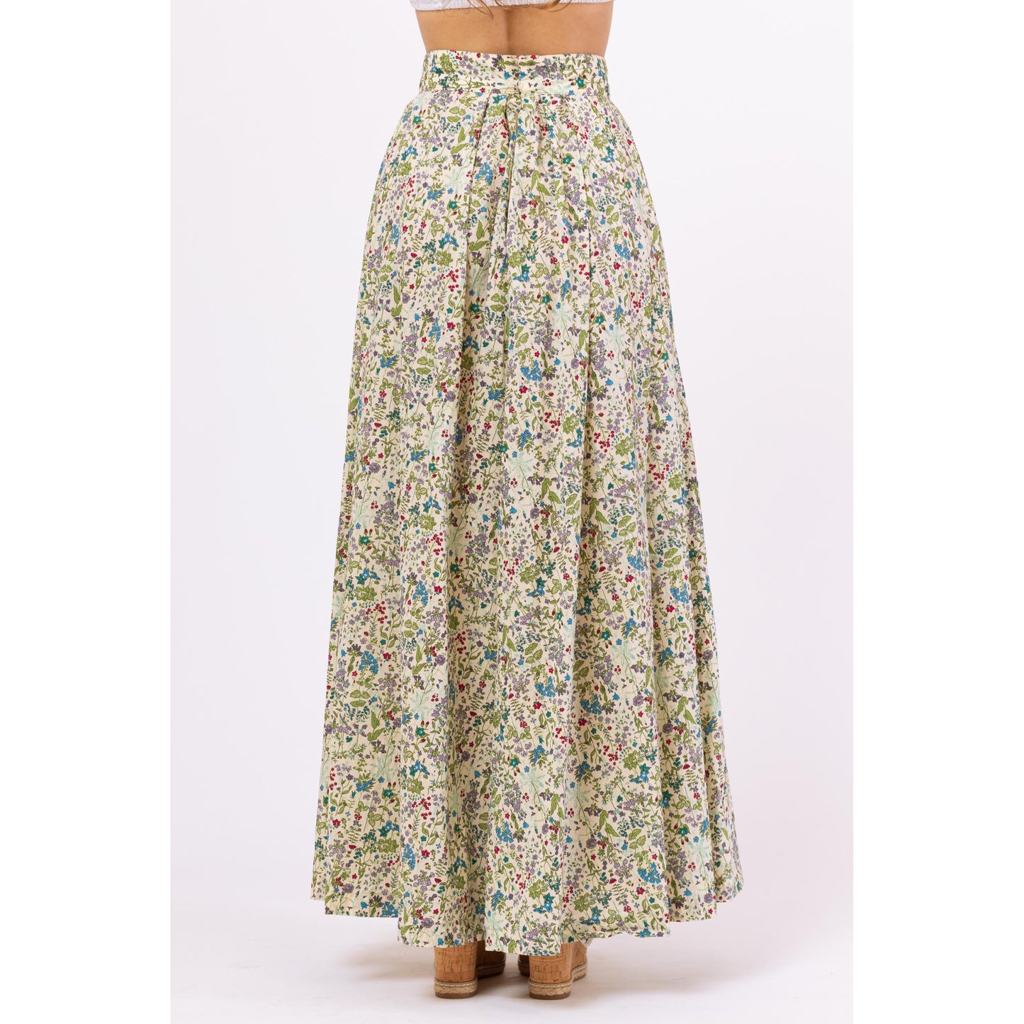 Vintage 70s Boho Wildflower Print Prairie Maxi Skirt - Extra Small, 24" Waist | A-Line Floral Cottagecore Long Summer Skirt