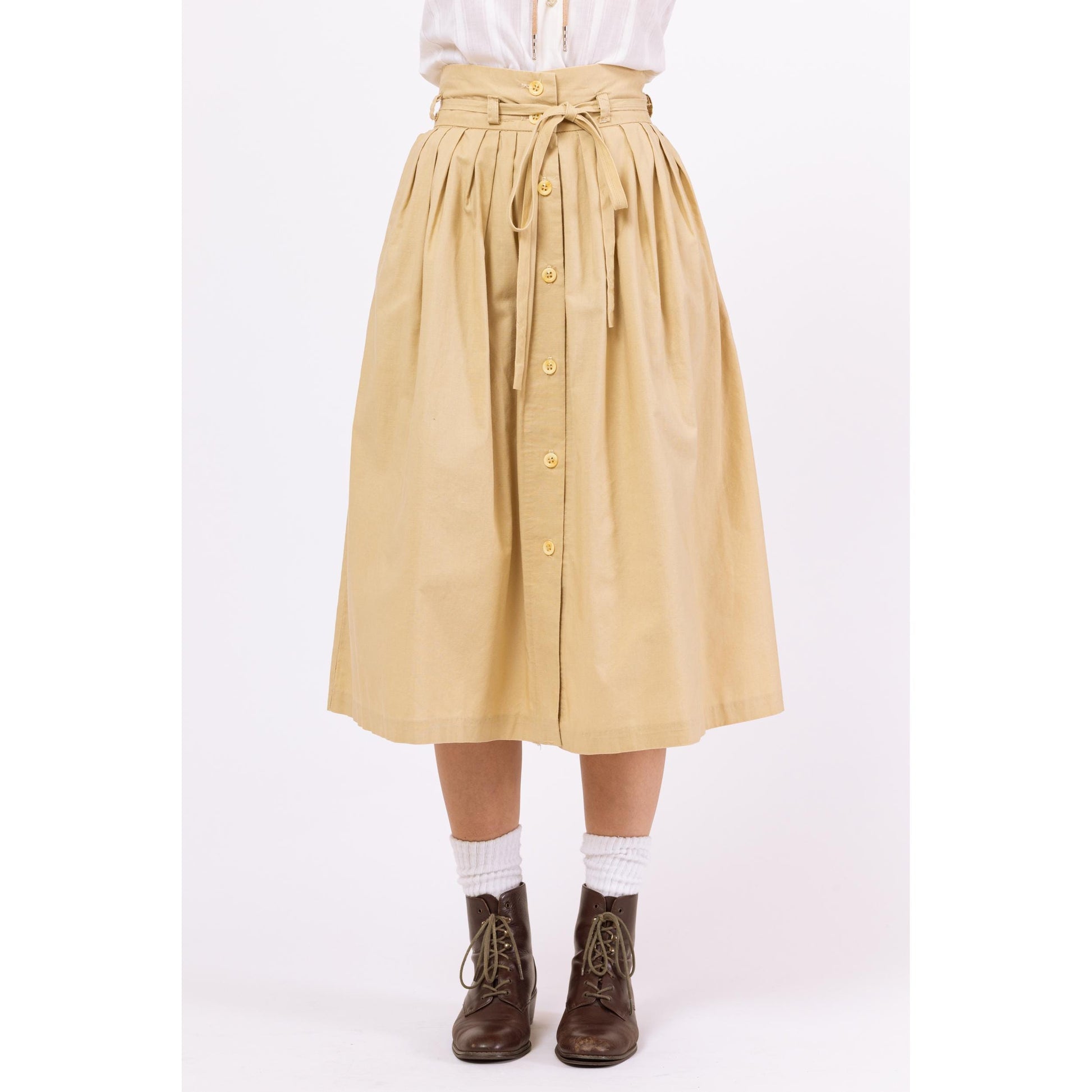 Vintage 70s Boho Tan Yoked Western Midi Skirt - Extra Small, 24" Waist | 1970s A-Line Button Front High Waist Skirt with Side Pockets