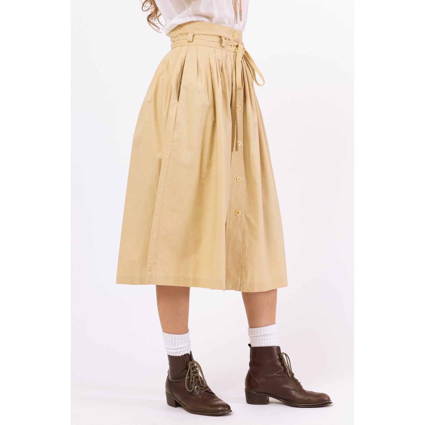 Vintage 70s Boho Tan Yoked Western Midi Skirt - Extra Small, 24" Waist | 1970s A-Line Button Front High Waist Skirt with Side Pockets