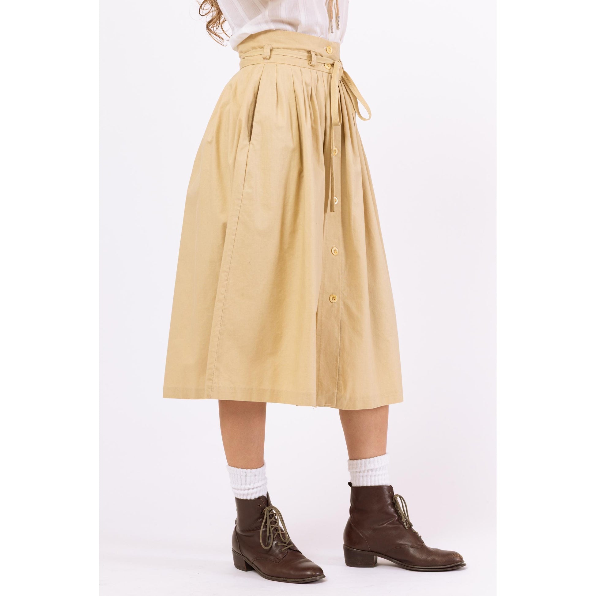 Vintage 70s Boho Tan Yoked Western Midi Skirt - Extra Small, 24" Waist | 1970s A-Line Button Front High Waist Skirt with Side Pockets