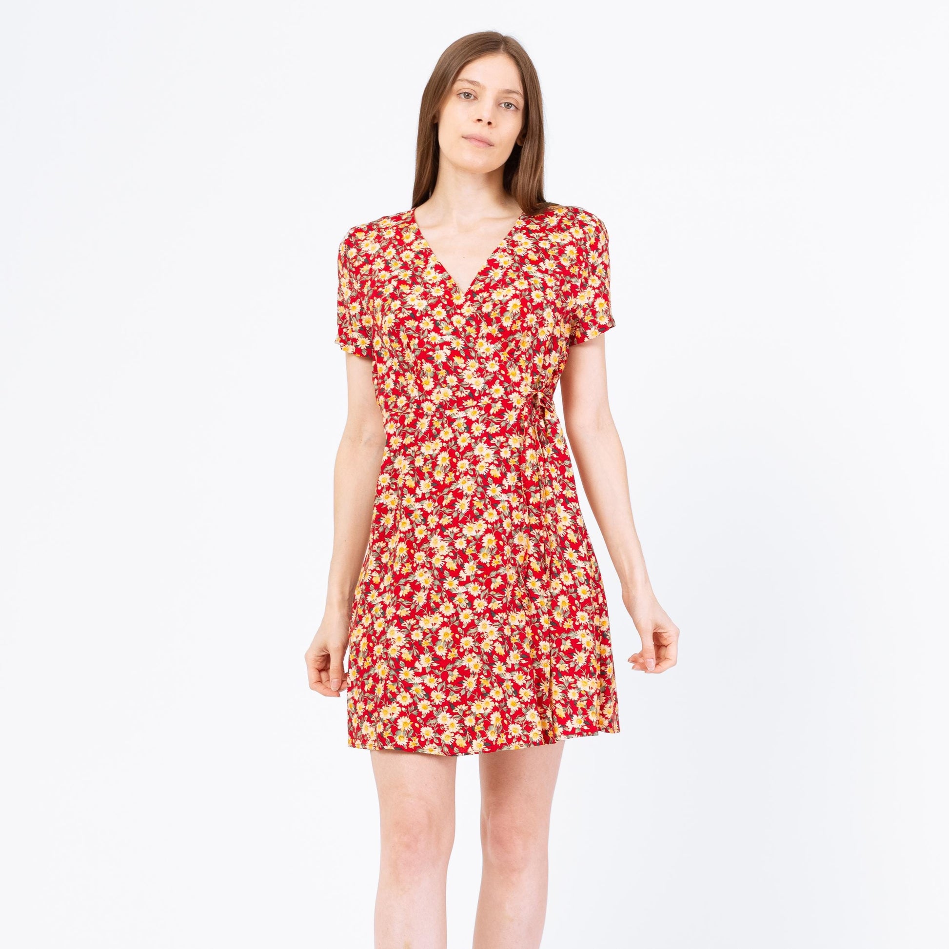 Vintage 90s Red Daisy Floral Mini Wrap Dress - Small | Boho Short Sleeve Summer Sundress