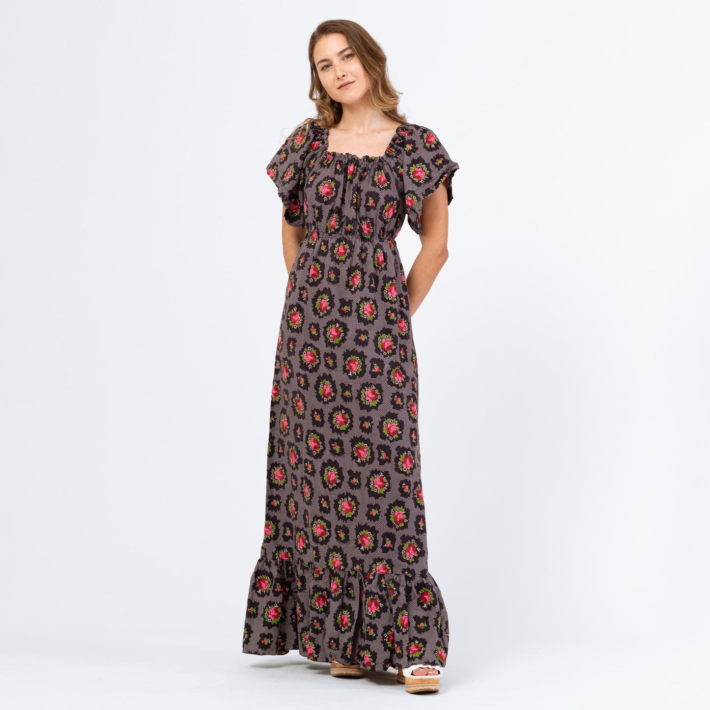 Vintage 70s Dark Floral Boho Maxi Peasant Dress - Extra Small | Black & Pink Rose Print Cottagecore Flutter Sleeve Western Prairie Dress