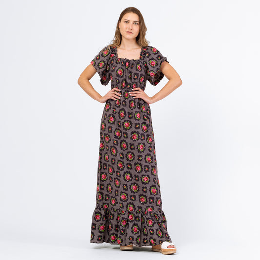 Vintage 70s Dark Floral Boho Maxi Peasant Dress - Extra Small | Black & Pink Rose Print Cottagecore Flutter Sleeve Western Prairie Dress