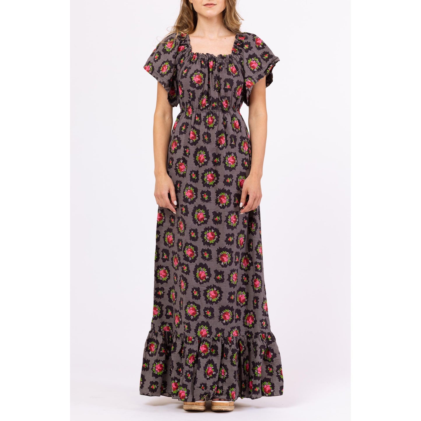 Vintage 70s Dark Floral Boho Maxi Peasant Dress - Extra Small | Black & Pink Rose Print Cottagecore Flutter Sleeve Western Prairie Dress