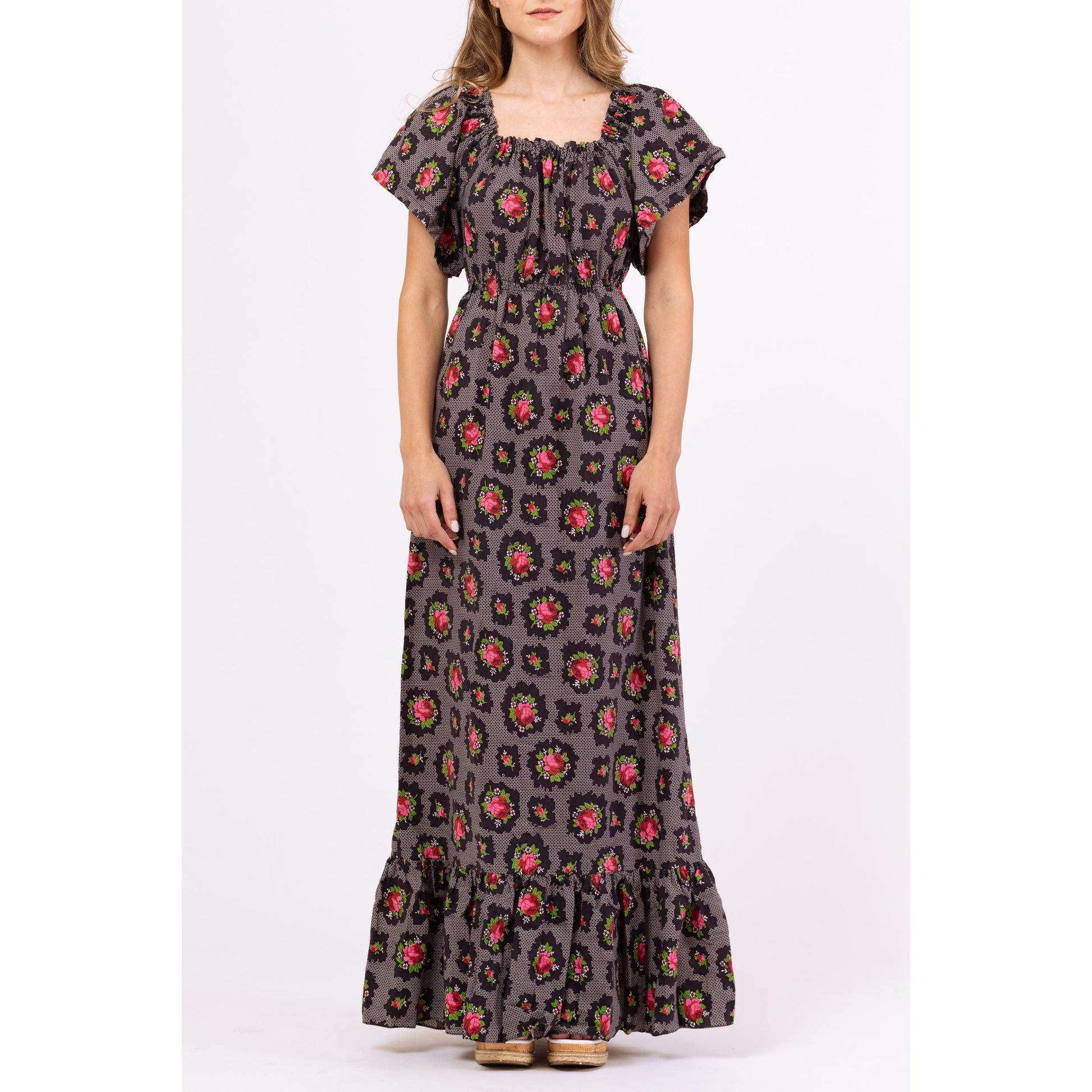 Vintage 70s Dark Floral Boho Maxi Peasant Dress - Extra Small | Black & Pink Rose Print Cottagecore Flutter Sleeve Western Prairie Dress