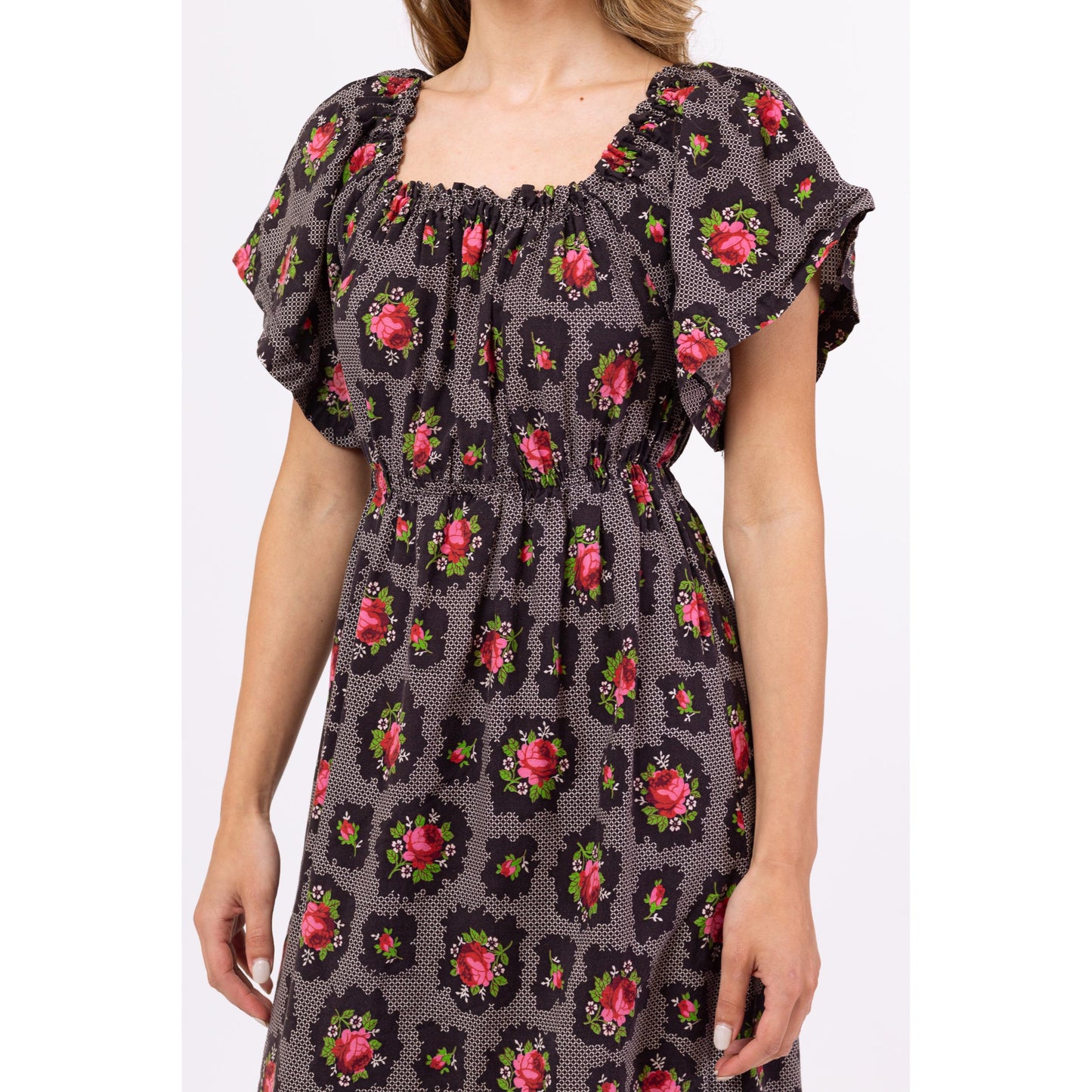 Vintage 70s Dark Floral Boho Maxi Peasant Dress - Extra Small | Black & Pink Rose Print Cottagecore Flutter Sleeve Western Prairie Dress