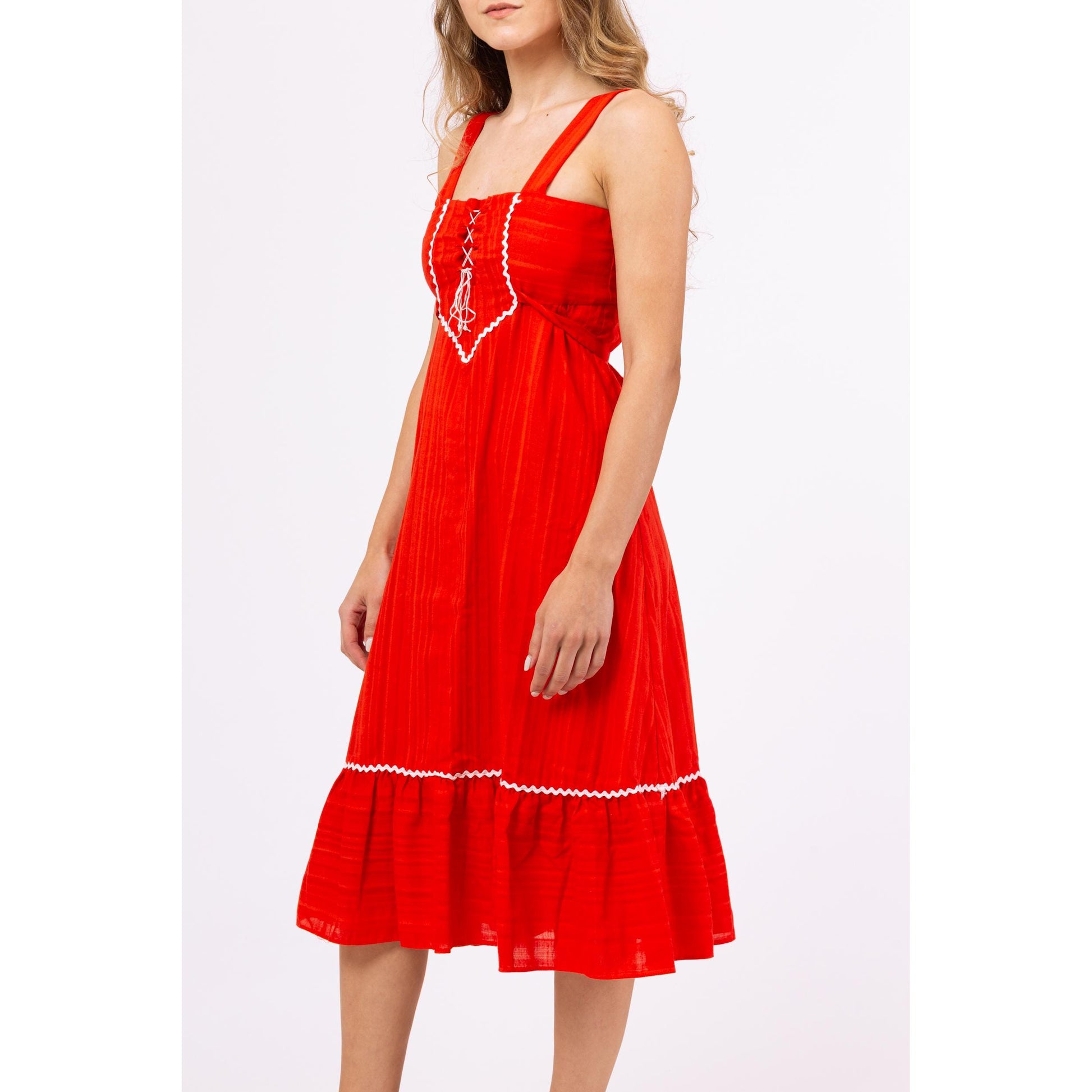 Vintage 70s Red Lace Up Corset Boho Midi Sundress - XXS Vintage 70s Red Lace Up Corset Boho Midi Sundress - XXS