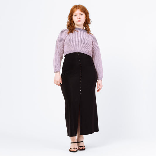 Vintage 90s Stretchy Black Minimalist Front Slit Maxi Skirt - Medium to Large | Ankle Length Grunge Slinky Button Up Pencil Skirt