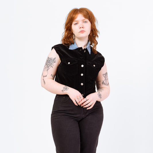 Vintage 90s Black Velvet Crop Top Vest - Large | Grunge Clothing, Sleeveless Denim Collared Shirt