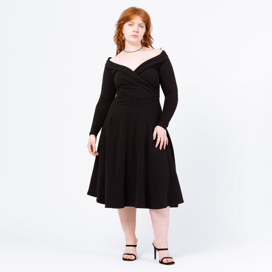 Vintage 90s Black Fit & Flare Off Shoulder Dress - Large | Long Sleeve Cotton Jersey Midi Cocktail Evening Dress