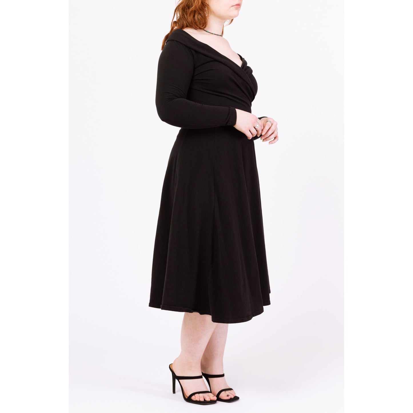 Vintage 90s Black Fit & Flare Off Shoulder Dress - Large | Long Sleeve Cotton Jersey Midi Cocktail Evening Dress