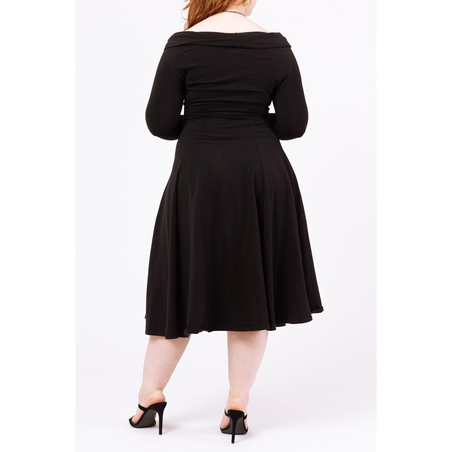 Vintage 90s Black Fit & Flare Off Shoulder Dress - Large | Long Sleeve Cotton Jersey Midi Cocktail Evening Dress
