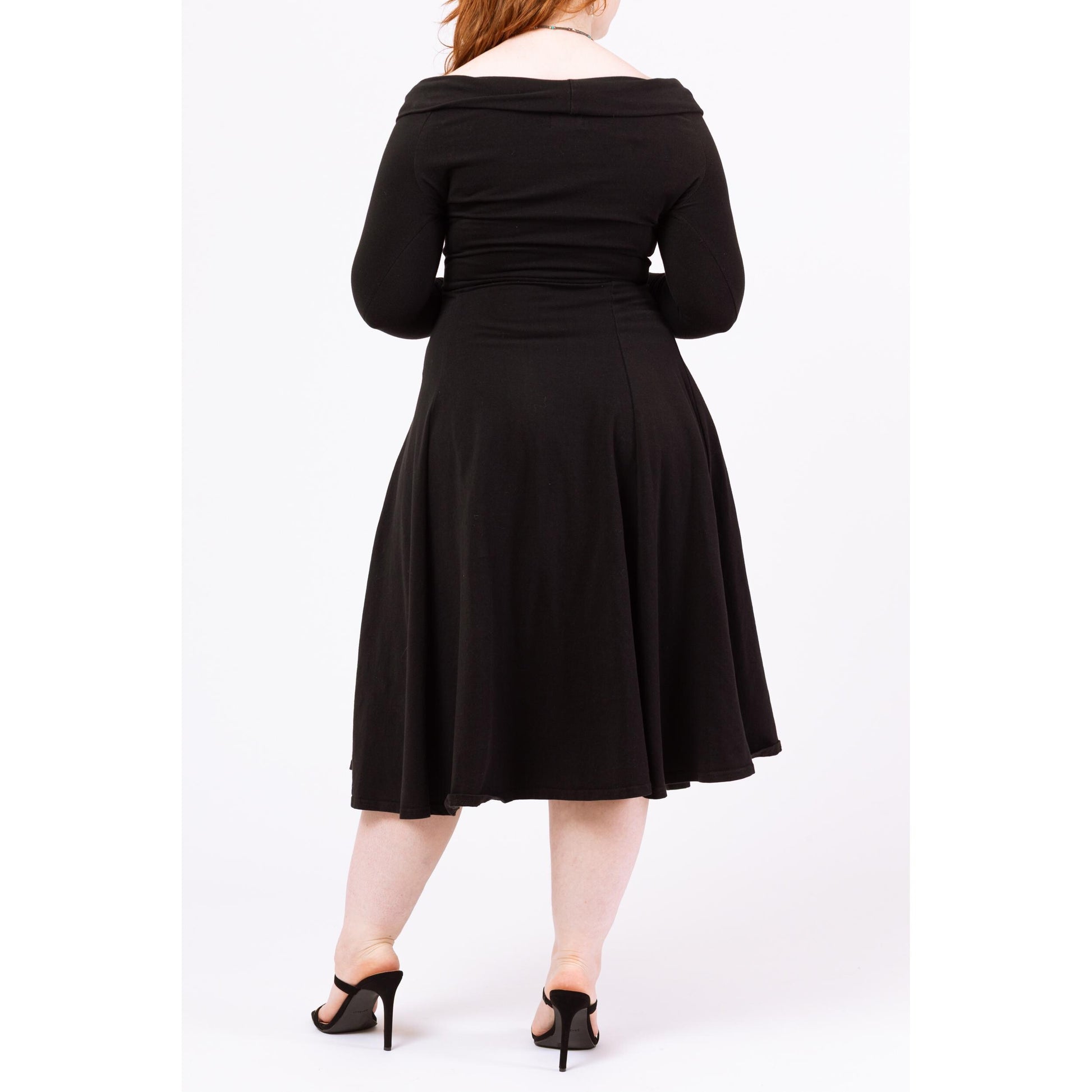Vintage 90s Black Fit & Flare Off Shoulder Dress - Large | Long Sleeve Cotton Jersey Midi Cocktail Evening Dress