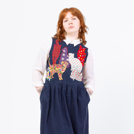Vintage 80s Cat Patchwork Chambray Dress - Medium | Dark Wash Denim Jumper, Sleeveless Pinafore Midi Dress