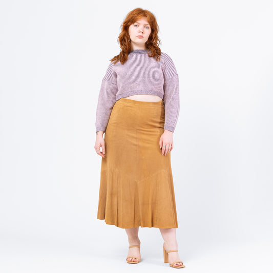 Vintage Y2K Boho Tan Suede Trumpet Hem Maxi Skirt - Large, 32.5" Waist | Overland Outfitters Leather High Waisted Long Western Skirt