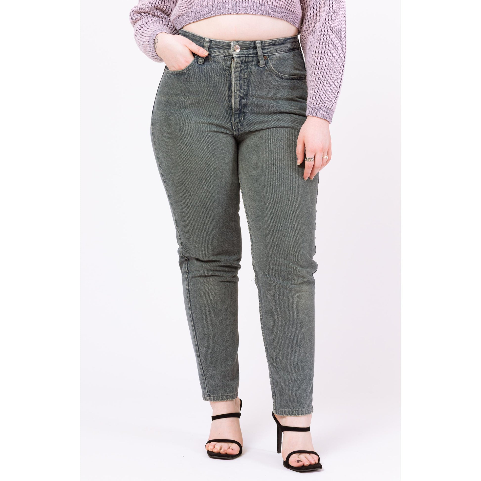Vintage 90s Faded Green High Waisted Jeans - Large, 32" Waist | Distressed Denim Z Cavaricci Tapered Leg Mom Jeans