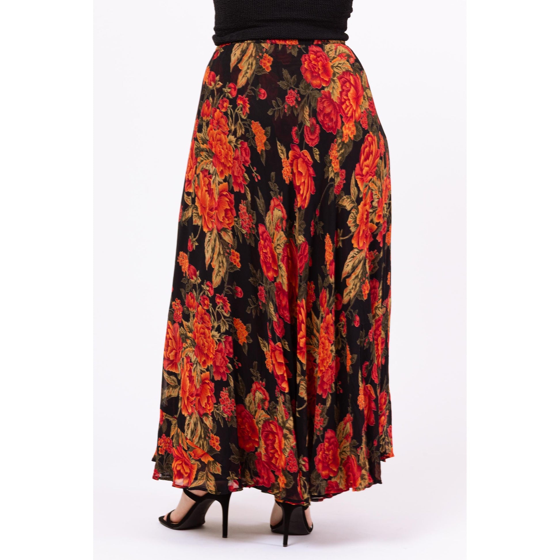 Vintage 90s Black & Red Floral Reversible Maxi Skirt - Medium to Large | Boho Rayon Chiffon Sheer Double Layer Long Flowy Witchy Skirt