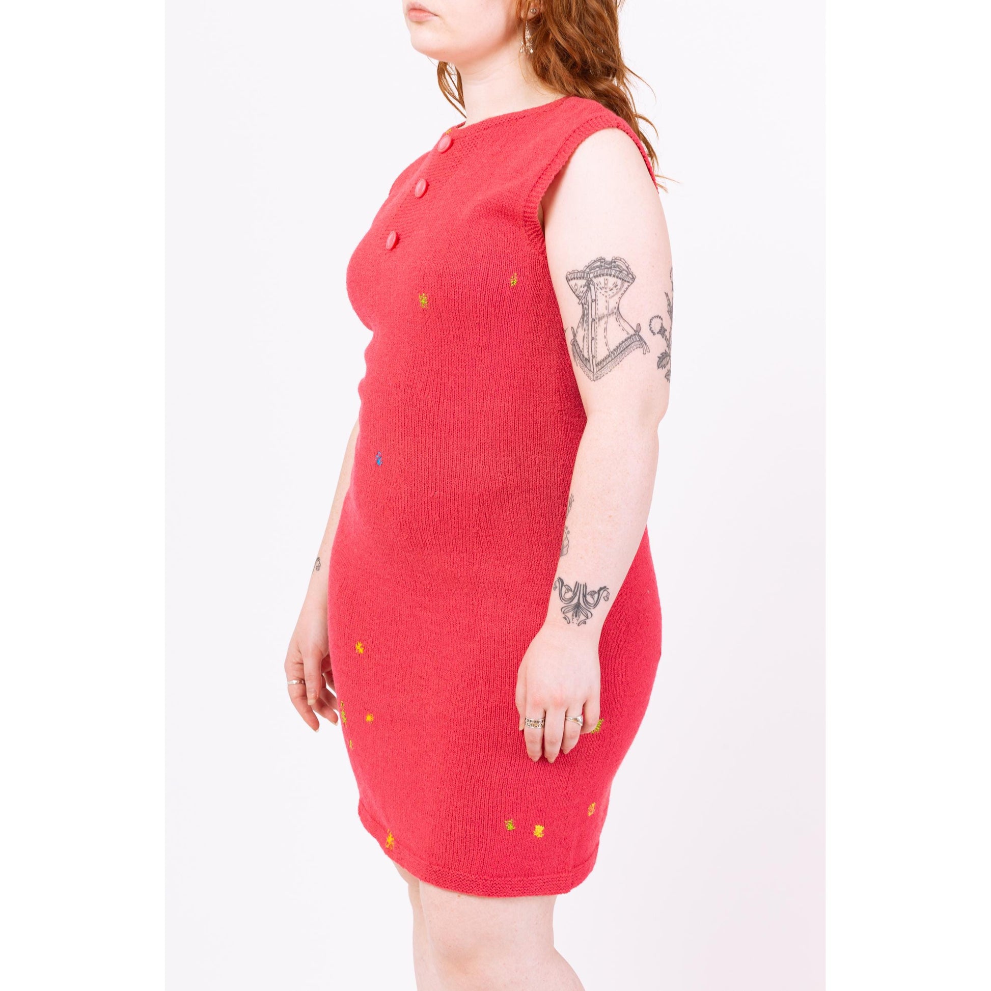 Vintage 50s 60s Salmon Pink Darned Knit Mini Dress - Medium | Retro Sleeveless Fitted Dress, Mod Colorful Rainbow Dress