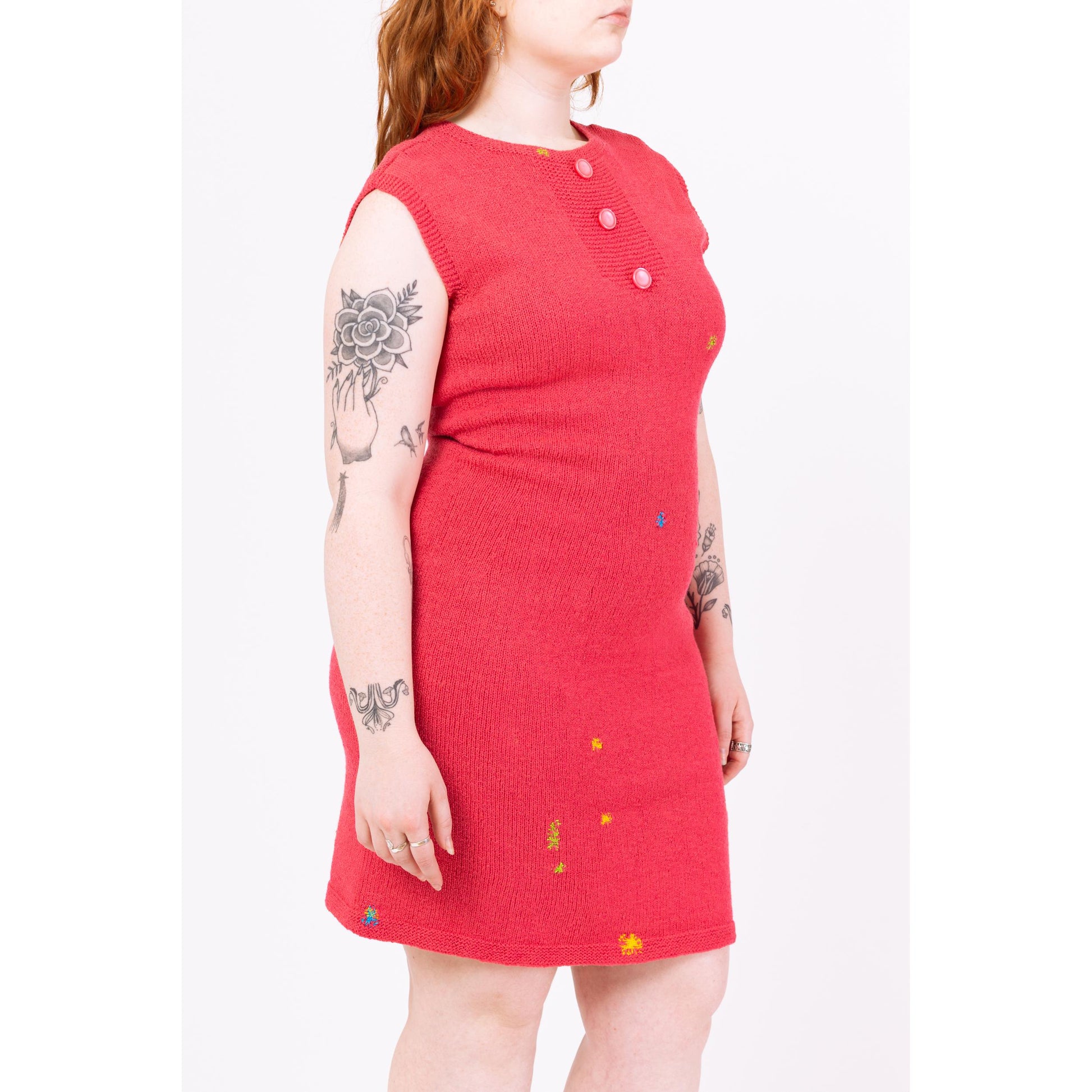 Vintage 50s 60s Salmon Pink Darned Knit Mini Dress - Medium | Retro Sleeveless Fitted Dress, Mod Colorful Rainbow Dress