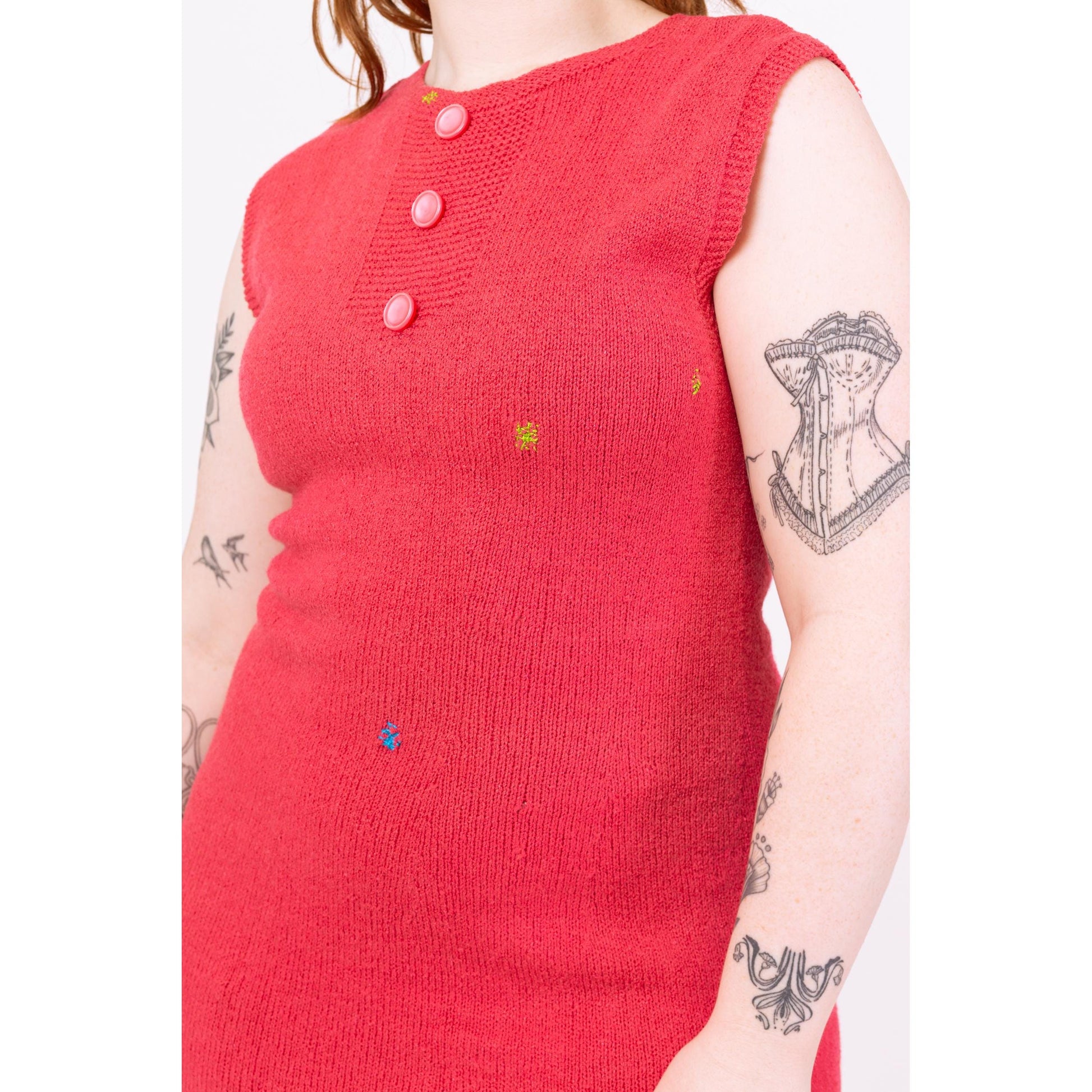 Vintage 50s 60s Salmon Pink Darned Knit Mini Dress - Medium | Retro Sleeveless Fitted Dress, Mod Colorful Rainbow Dress