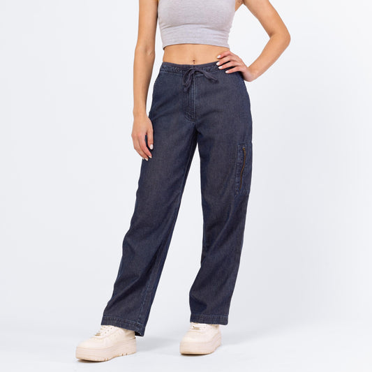 Vintage Y2K Chambray Drawstring Waist Cargo Jeans - Petite XS, 24" Waist | Vintage Straight Leg Dark Wash Denim Look Pants